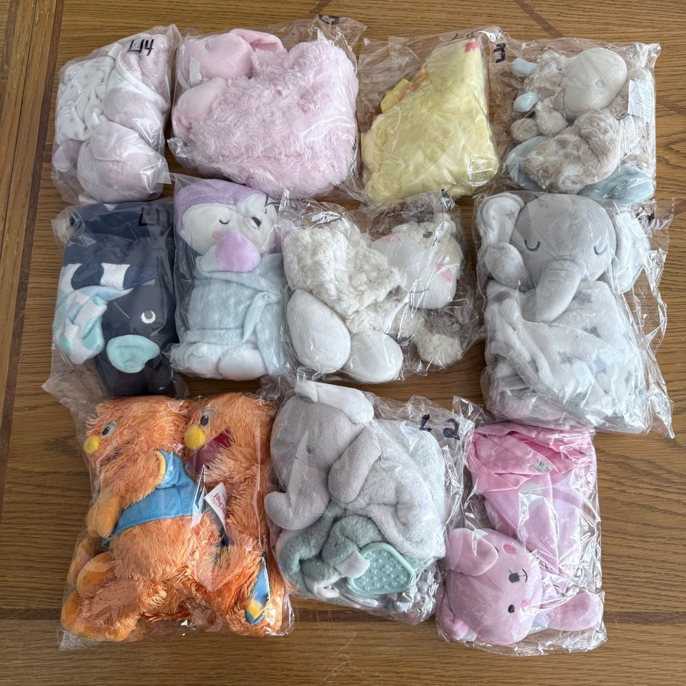 Reseller Lot of 11 Baby Lovey Security Blankets Plush Elephant Bunny Whale Mixed